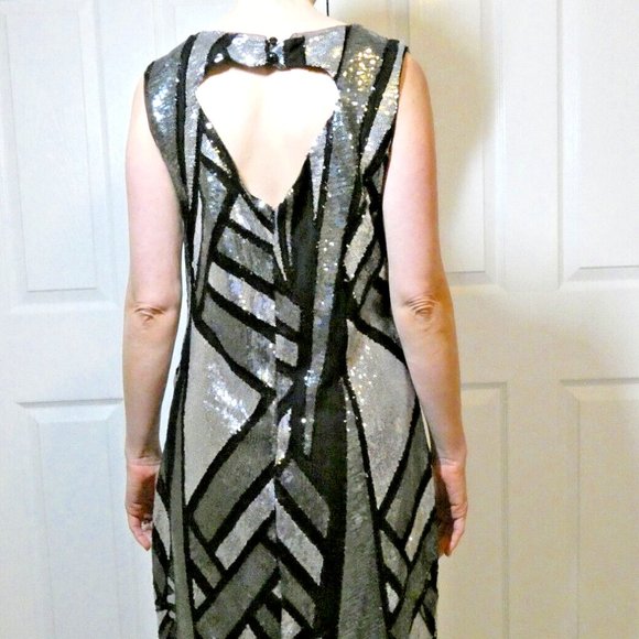 Sequin Dress Size 8 Prom Black Gray Silver Geometric Sparkles Cutout Back OOAK - Picture 2 of 11